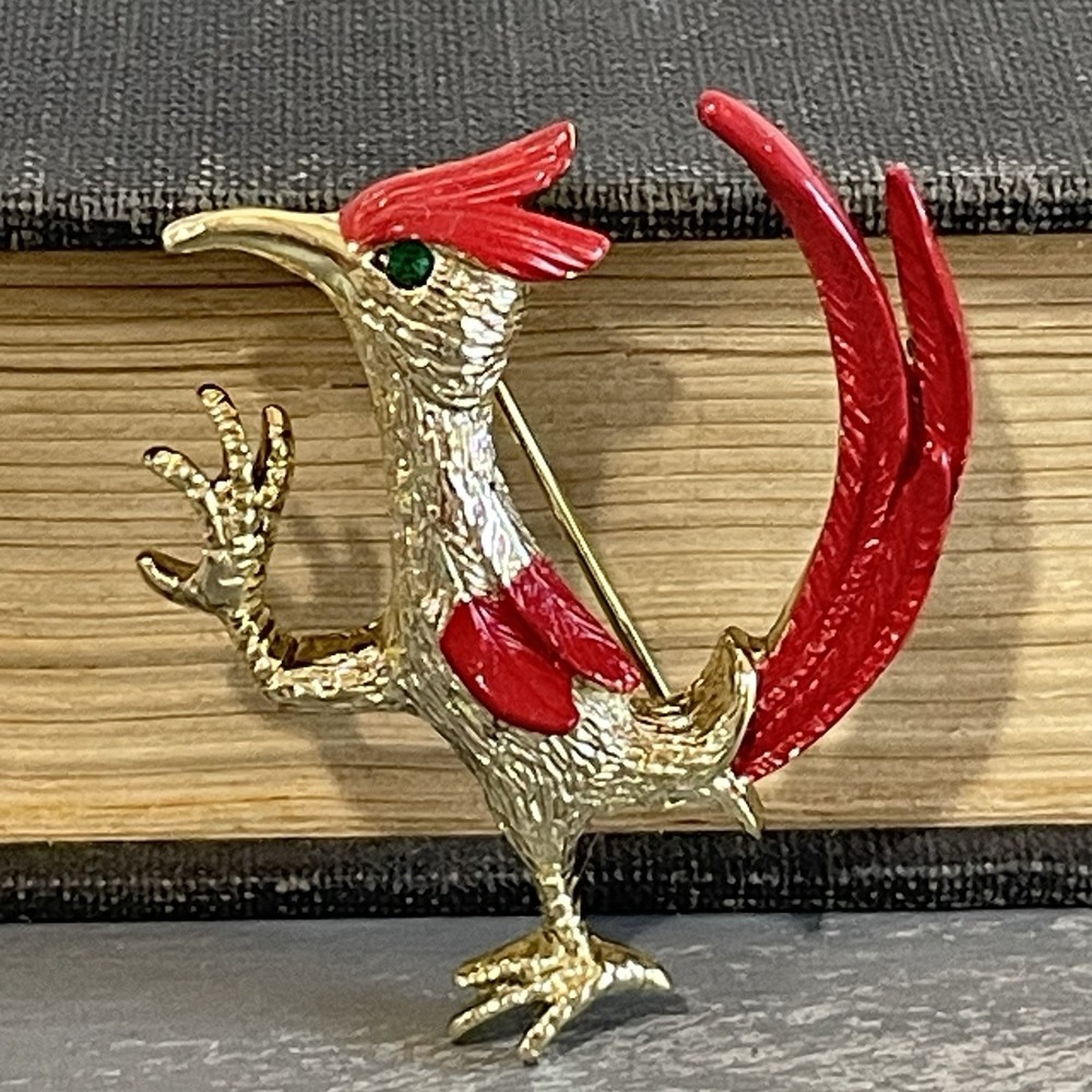 Vintage‎ Gerry's rhinestone enamel Gold Green Stone Roadrunner Pin Brooch 1.5"